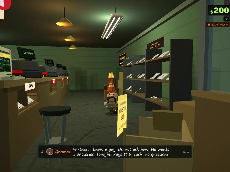 In-game: Gnomez, the garden gnome in a traffic-cone hat, next to his cardboard box.