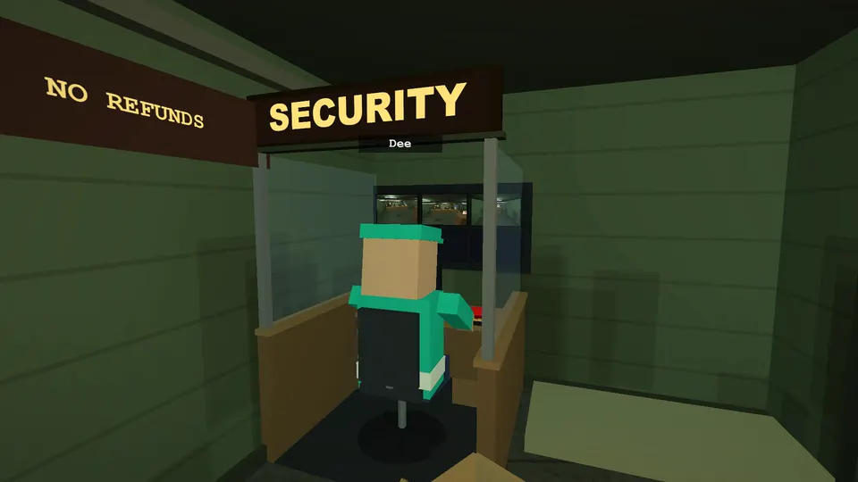 The security booth: a desk, a swivel chair, a wall of monitors and a lockdown button of its own. Whoever sits here is the lookout.