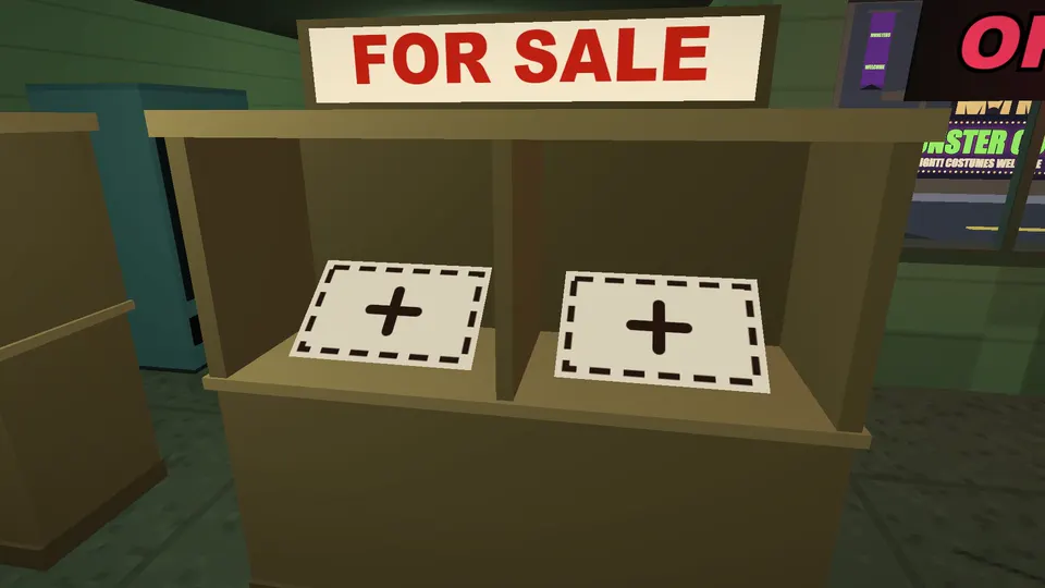An empty shelf unit has two open spots. Hold an item, press E, and it is for sale.