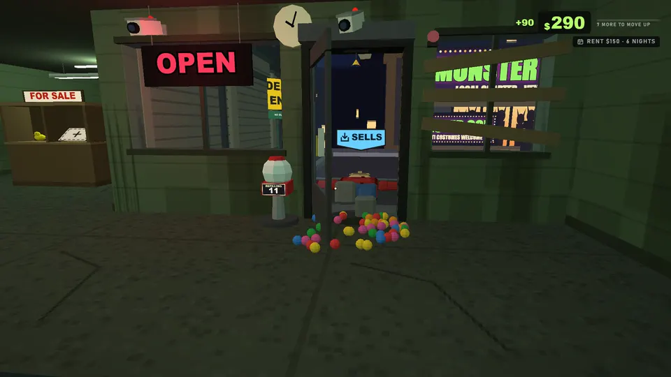 Ten dollars of gumballs on the floor by the door. Whoever walks through them goes down. This is a customer.
