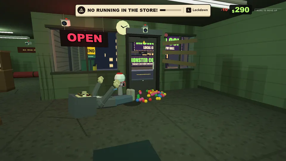 A thief running for the door goes down on the gumballs. The bar that says NO RUNNING waits while he lies there. Hit the button.