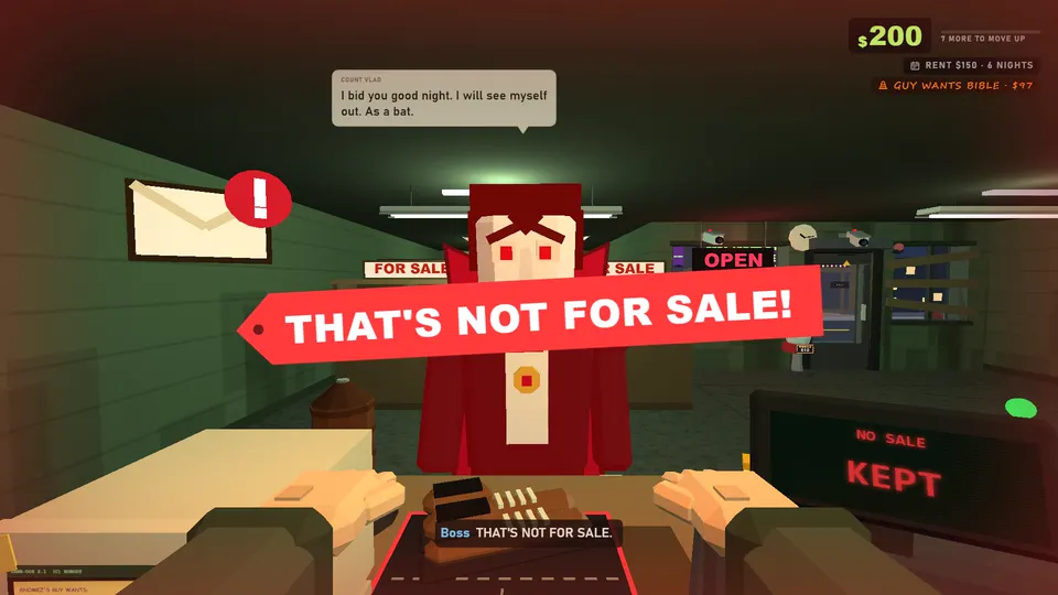 In-game: Count Vlad at the counter, eyes glowing, asking about the one item you can't sell.