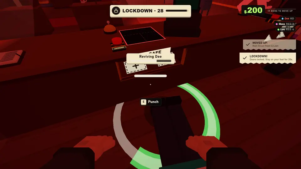 A partner is knocked down. Press E next to them and stay close for two seconds, and they are back on their feet. Left alone, they get up in 15.