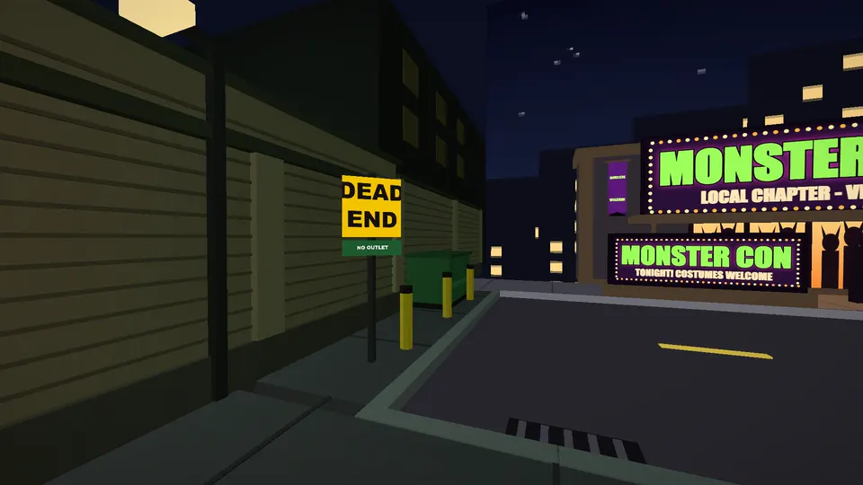 The shop is at the closed end of a dead-end street. The Monster Con is right across it.